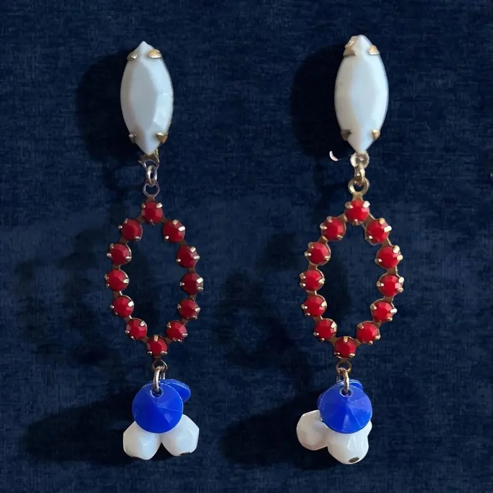 Lewis Segal California Earrings Red White Blue Dangle Clip Ons 2.5”